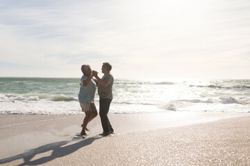 Full length side view of happy senior multiracial couple dancing romantically at beach on sunny day