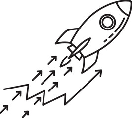 A minimalist black and white line-art vector featuring a rocket ship launching diagonally, trailing multiple upward arrows and a jagged growth line, symbolizing rapid progress.