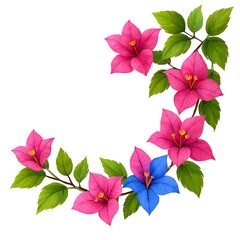 A beautiful close-up of a pink and white flower border frame with rose and clematis blossoms in a summer garden nature background