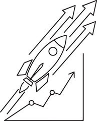 A minimalist black and white line-art vector featuring a rocket ship soaring upwards alongside multiple arrows and a line graph, symbolizing rapid market growth and financial success.