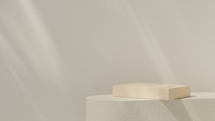 Minimal beige 3D background featuring a clean rectangular podium placed on a rounded platform with soft natural lighting. Professionally rendered using 3D software, suitable for cosmetic advertising