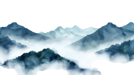Mountain landscape with fog watercolor isolated on white background