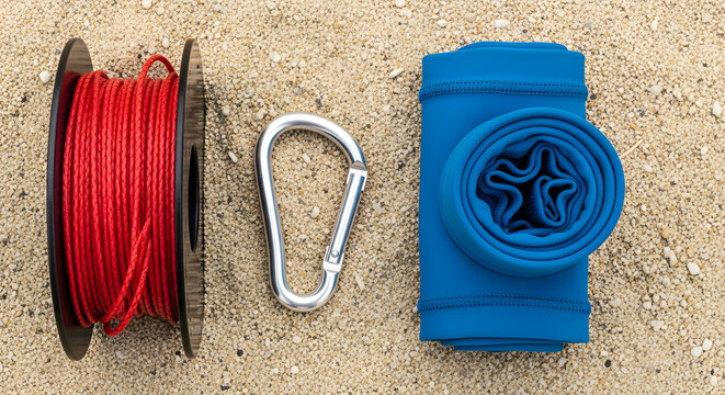Red rope spool, metal carabiner, and blue neoprene fabric on coa