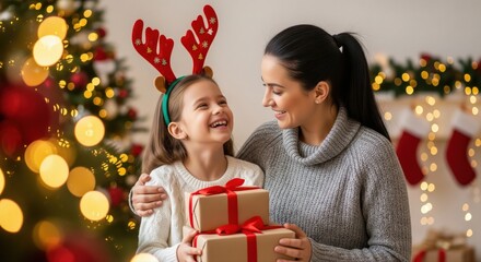 Happy Mother and Daughter Celebrating Christmas with Gifts