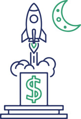 A creative vector illustration depicting a rocket ship launching from a base marked with a green dollar sign toward a crescent moon, symbolizing rapid financial growth and success.