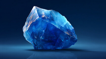 A large raw sapphire gemstone on a dark blue background