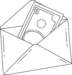 A minimalist line-art vector icon set featuring an open envelope with a dollar bill inside, symbolizing mail-in payments, financial correspondence, or a cash gift.