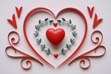 Red heart decoration with floral wreath and swirls