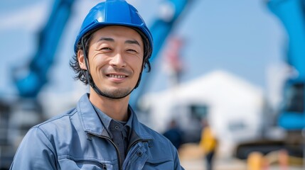 A dedicated Japanese male construction worker stands confidently in his clean blue attire