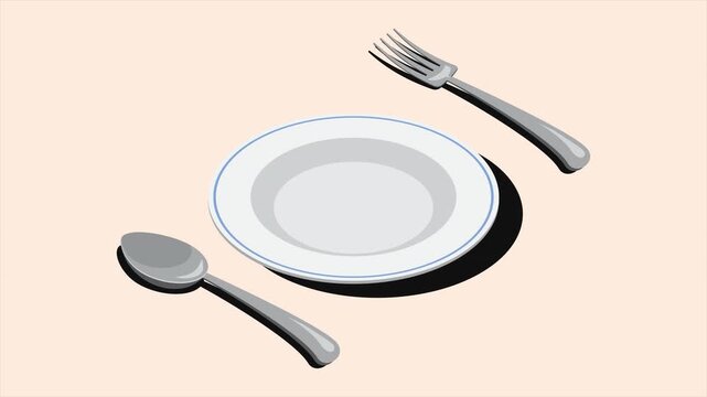 Isometric cutlery set animation with spoon, fork, and plate. Isometric cutlery. Isometric tableware. 4K video animated in isometric style