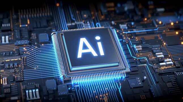 Microchip with "Ai" logo on a glowing circuit board, symbolizing artificial intelligence	