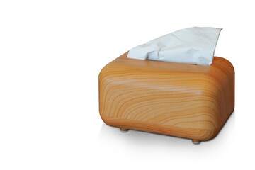 The tissues are in a rectangular wooden box on white background, object, decor, decoration, clean, copy space