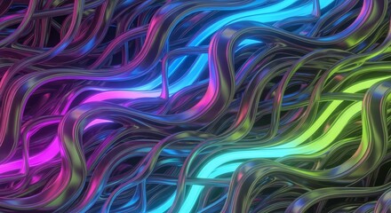 Iridescent neon tones are applied to liquid metallic mesh with a cyberpunk glow. Futuristic premium concept