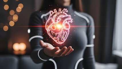 Person Holding a Glowing Anatomical Heart Hologram in Hand Keywords: person, holding, hand, anatomical, heart, organ, human, glowing, hologram