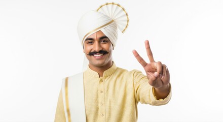 Happy Indian Man in Traditional Attire Showing Peace Sign
