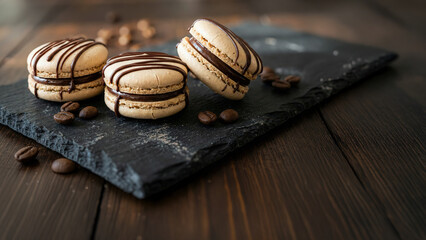 [AI] Coffee Chocolate Macarons on Black Slate with Copy Space