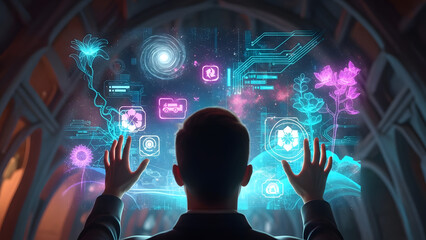 Person Interacting with a Holographic Display of Data and Icons