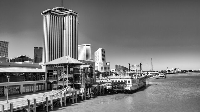 Historic Natchez steamboat anchored on the Mississippi River in New Orleans