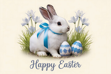 White Easter bunny with easter eggs and flowers