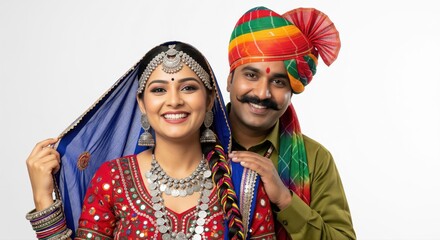 Smiling Indian couple in vibrant traditional Rajasthani outfits