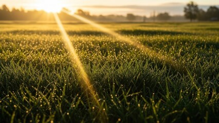 Sunrise Over Green Grassy Field Landscape.