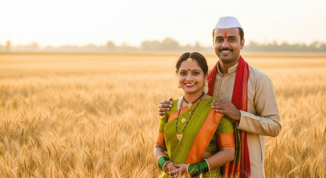 Happy Indian Couple in Traditional Attire in Golden Wheat Field