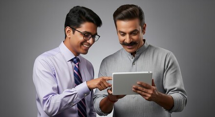 Two Indian Men Collaborating Digitally on Tablet Device