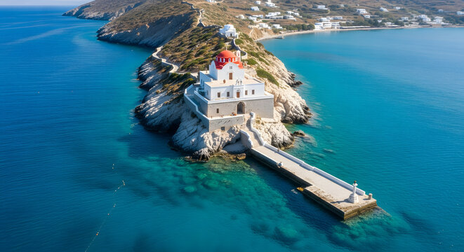 Aerial view of the Church of Seven Martyrs on a rocky peninsula