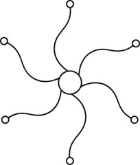 A black line-art vector graphic featuring a central circle with six curved, symmetrical arms extending outward, each ending in a smaller circle, resembling a network, node, or sun-like symbol.