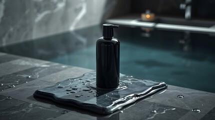 luxury black shampoo bottle mockup in modern bathroom setting