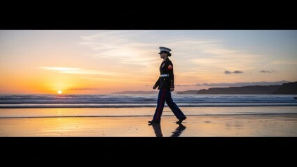 silhouette of a woman walking on the beach at sunset