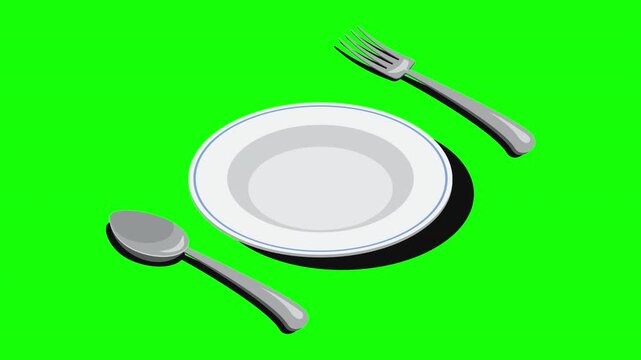 Isometric cutlery set animation with spoon, fork, and plate. Isometric cutlery. Isometric tableware. 4K video animated in isometric style