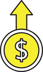 A flat vector icon of a bright yellow gold coin featuring a black dollar sign, with a bold yellow arrow pointing upwards, representing a rise in value or financial profit.