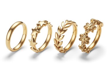 Four gold rings with decorative stars leaves and flowers jewelry fashion accessory