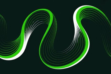 Green and white wavy ribbon of dots on dark background abstract wave