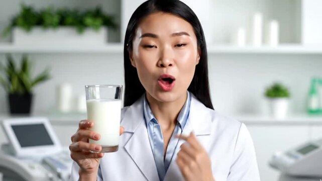 A confident young Asian professional, possibly a healthcare expert or nutritionist, engagingly presents a clear glass of milk while speaking directly to the viewer. Dressed in a pristine white lab coa
