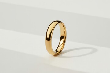 Polished gold wedding band casting a shadow on a white surface gold ring jewelry