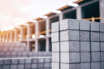 Stacked concrete blocks at construction site with building in background raw industrial