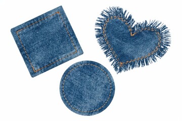 Three blue denim patches square circle and heart shapes fabric patch sewing craft