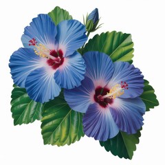 Two vibrant blue hibiscus flowers with green leaves and bud