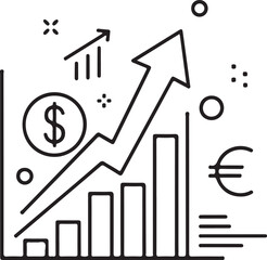 A dynamic black line-art vector graphic featuring an upward-trending arrow, a bar chart, and dollar and euro symbols, illustrating global financial growth and market analysis.
