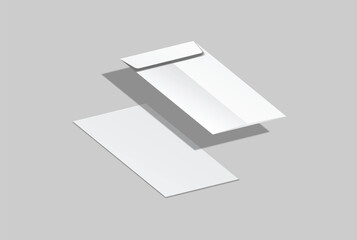 DL envelope mockup with blank paper mockup on neutral background, clean stationery composition for corporate branding, business correspondence, mailing design, invitation layout, print presentation	