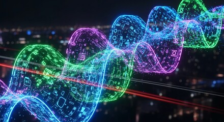 Neon glowing folds are arranged into a diagonal warped layout with data wave distortion. Futuristic cyber concept