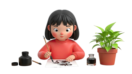 3D Cartoon Girl Practicing Calligraphy with Plant and Ink