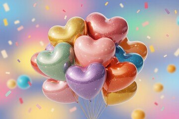 A cluster of colorful heart shaped balloons floats against a pastel gradient background