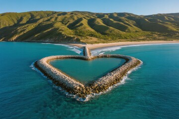 Aerial view of heart shaped rock breakwater in turquoise ocean coast beach