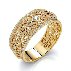 Stylish golden ring with diamonds in white background