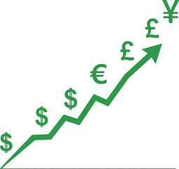 A green line-art vector graphic featuring an upward-trending arrow accompanied by international currency symbols, including the dollar, euro, pound, and yen, signifying global financial growth.