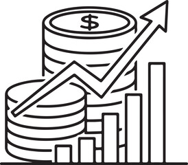A black and white line-art vector graphic featuring rising stacks of dollar coins, a bar graph, and an upward-pointing arrow, representing financial growth and market success.