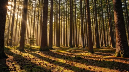 Sunlit Forest with Tall Trees and Shadows.